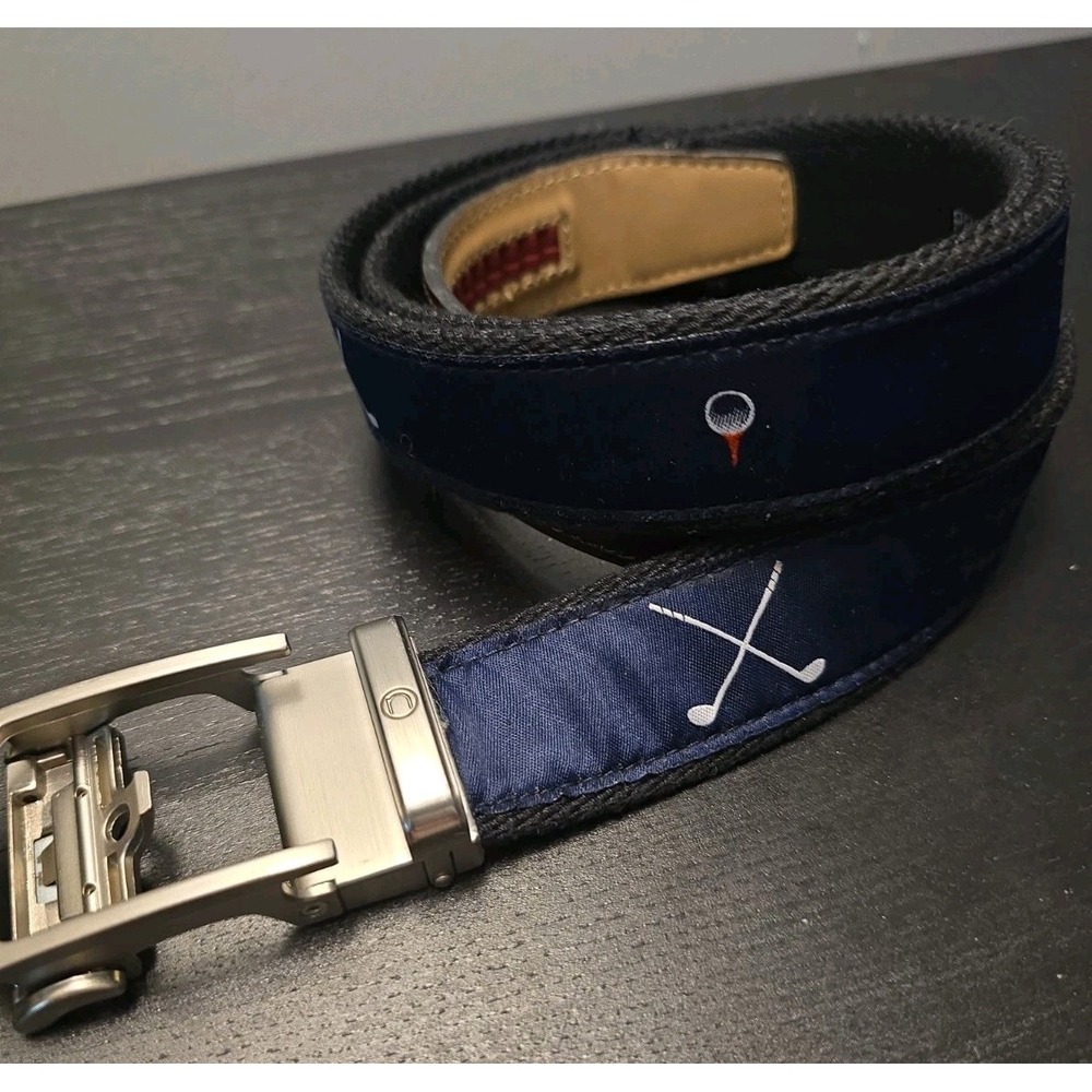 Nexbelt Hampton Tee Time Golf Ribbon Ratchet Belt Navy Blue Brown Mens Golf Belt